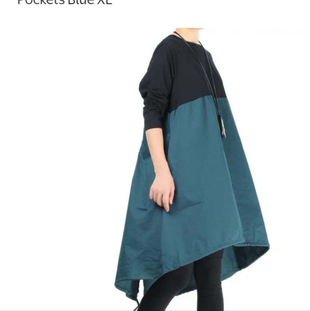 Smock Flowy Tunic Shirt Dress Sz M black/blue Lagenlook Oversized Artsy